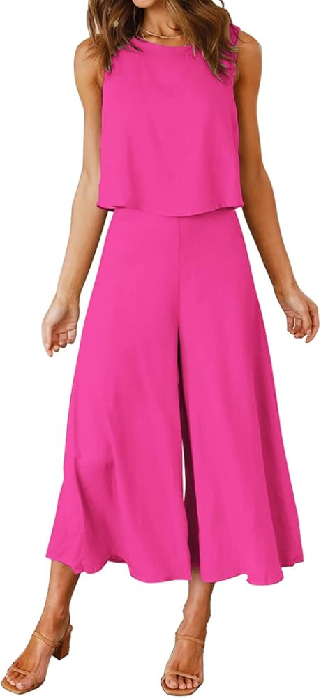 ROYLAMP Women's Summer 2 Piece Outfits Round neck Crop Basic Top Cropped Wide Leg pants Set Jumps... | Amazon (US)