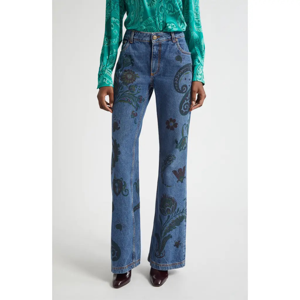 Etro Paisley Print Flare Jeans in Multicolor Azure Base at Nordstrom, Size 30 | Nordstrom