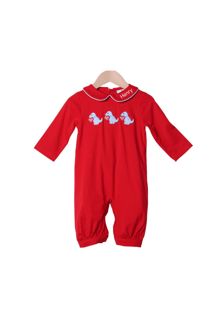 Applique Dino Love Red Knit Romper | The Smocked Flamingo