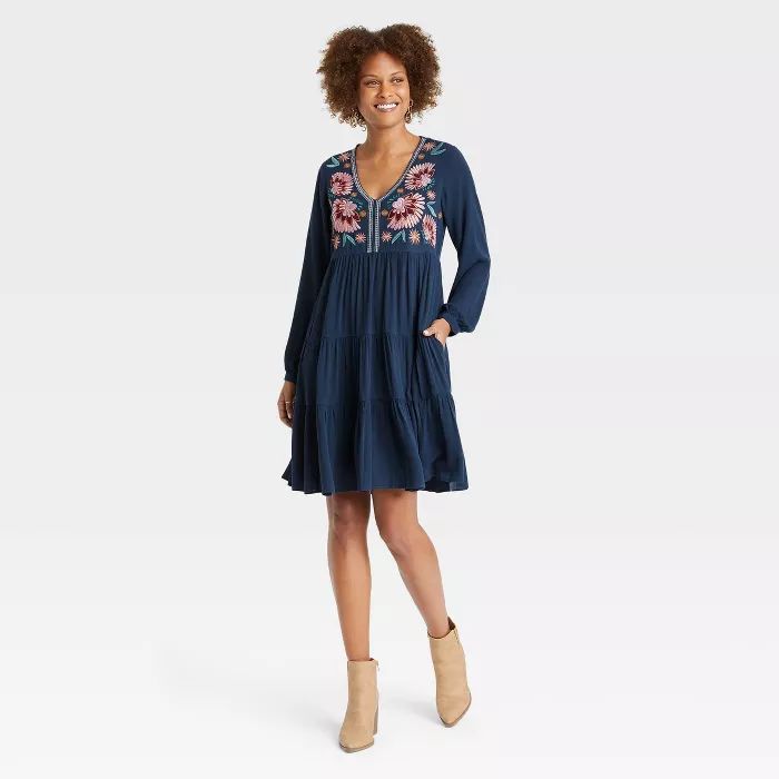 Women's Balloon Long Sleeve Embroidered Dress - Knox Rose™ Navy | Target