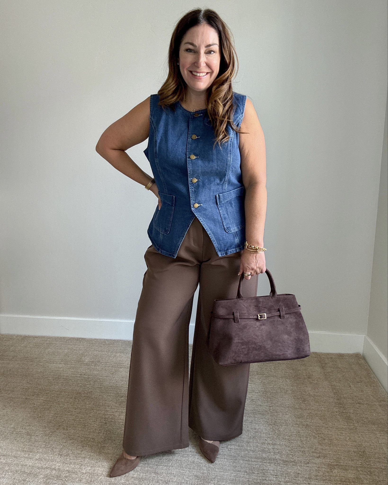 Denim vests are trending everwhere and this one has just the right amount of thickness and structure for larger chest ladies! Love it paired with chocolate brown for work!  Wearing Vest, xL and Pants, XL reg

 

#LTKMidsize #LTKWorkwear #LTKOver40