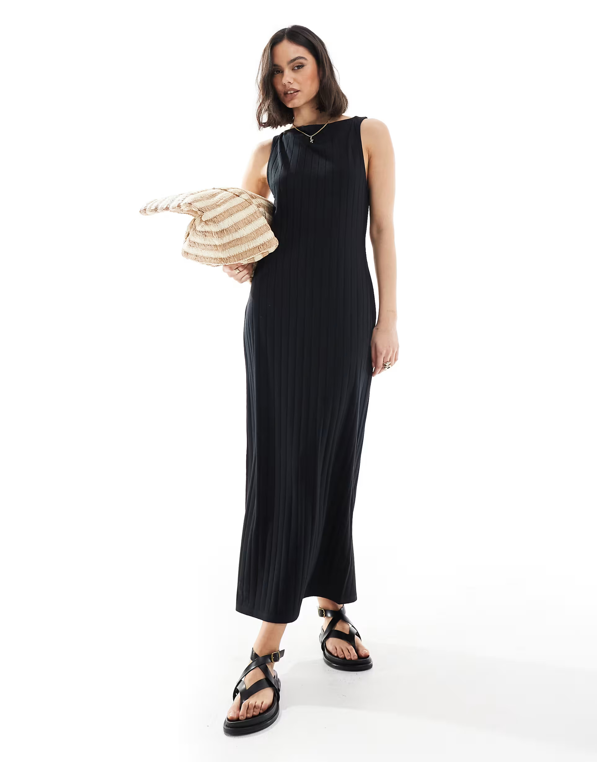 ASOS DESIGN wide rib sleeveless boat neck midi dress in black | ASOS (Global)