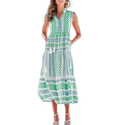 BLENCOT Womens Summer Casual Sleeveless Ethnic Style Boho Midi Dress V Neck Tas… | Amazon (US)