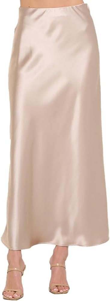 Women Solid High Waist Silky Casual Elastic Satin Long Skirt Ankle Length | Amazon (US)