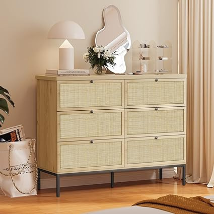 Brafab Natural Rattan 6 Drawer Double Dresser for Bedroom, Industrial Wood Clothing Organizer Dre... | Amazon (US)