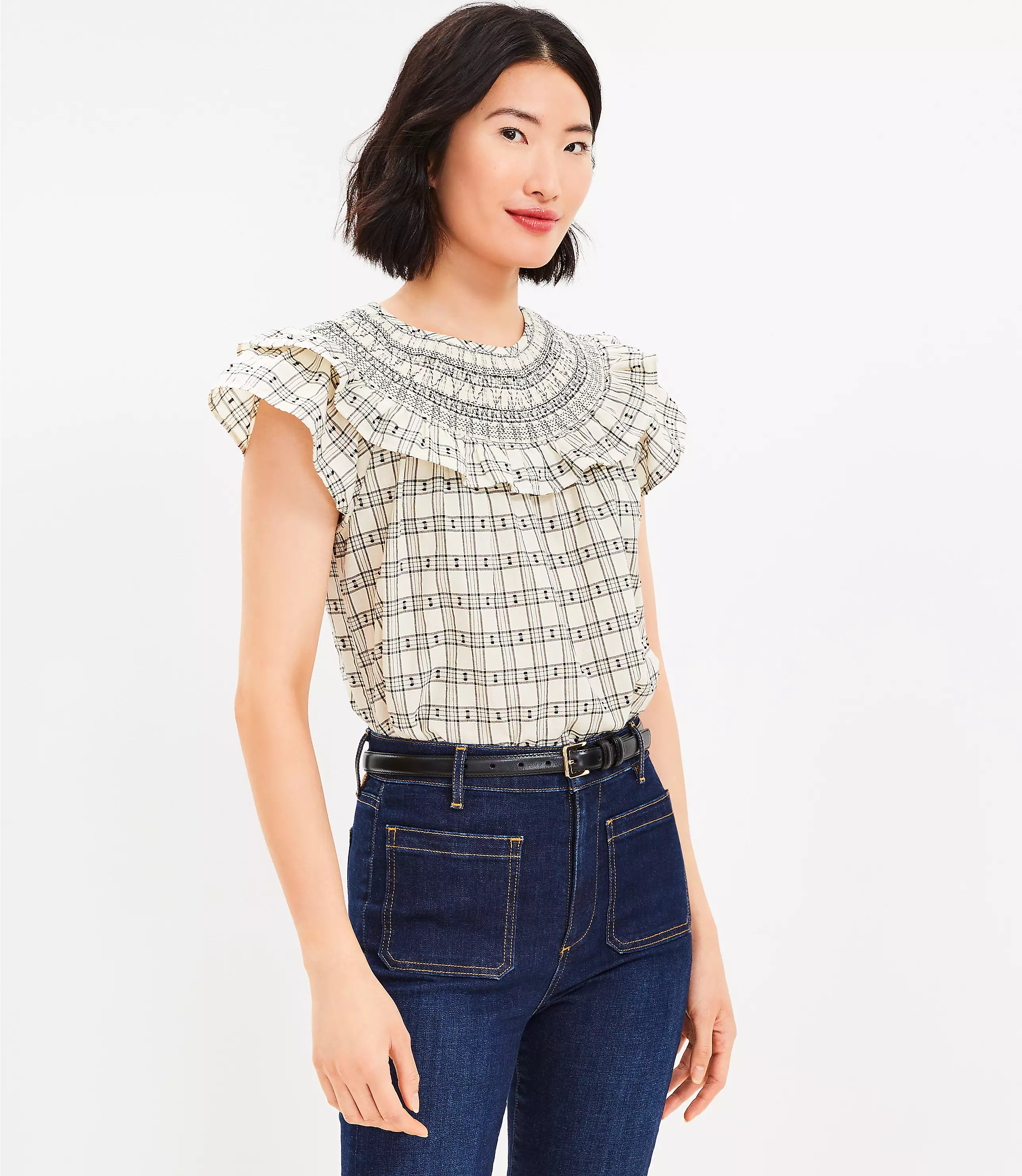 Plaid Smocked Ruffle Yoke Top | LOFT