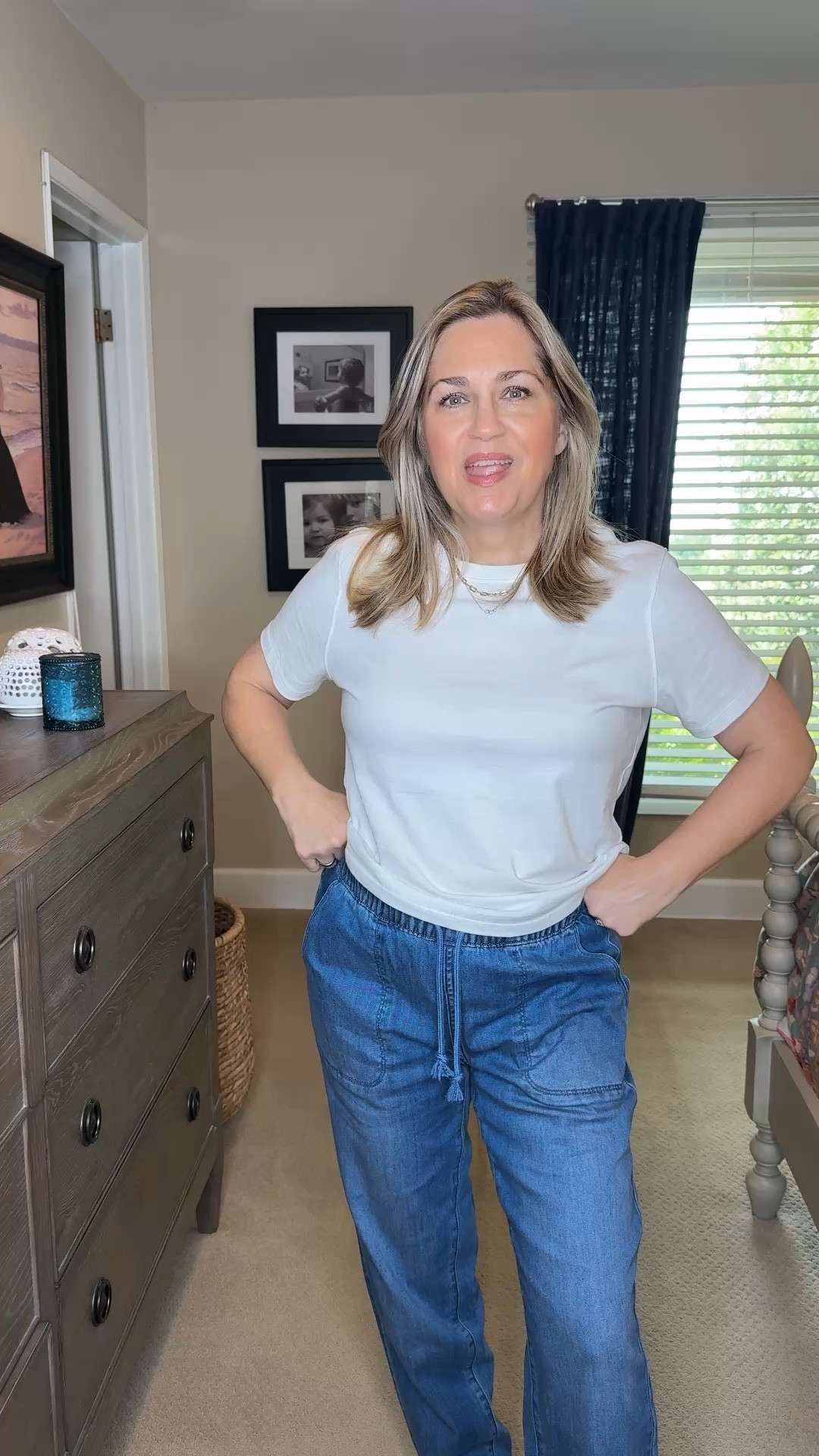 I am absolutely loving these drawstring, waste jeans, and they look so great with the matching jacket. The great thing is both of these pieces can be styled separately and look just as fantastic.  ￼@Carve Designs 

#LTKspring #LTKOver40 #LTKootd