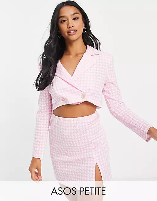 ASOS DESIGN Petite jersey suit crop blazer in pink houndstooth | ASOS (Global)