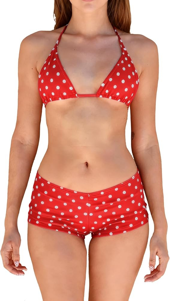 Women 2 Piece Bikini Shorts Set Y2k Halter String Triangle Bikini Top with Low Rise Swim Boyshort... | Amazon (US)