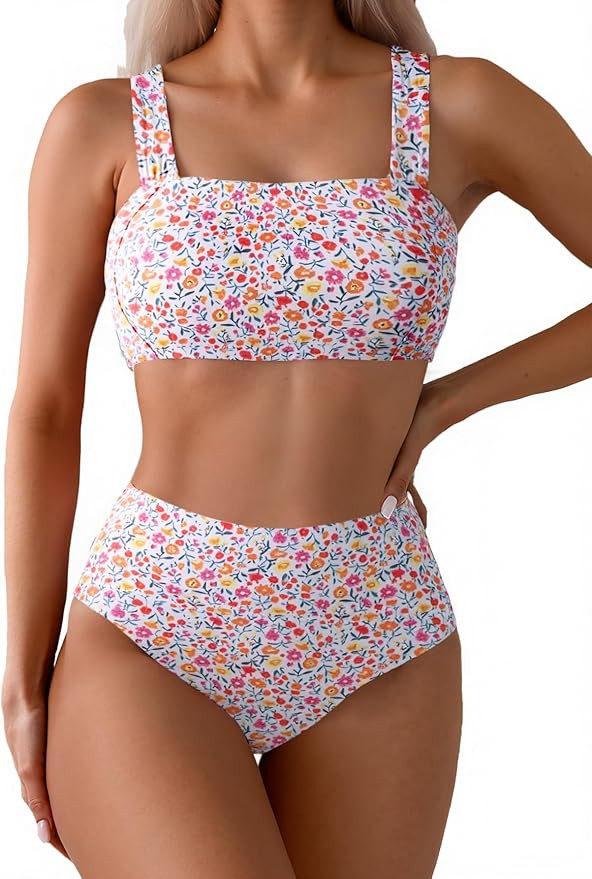 Fanuerg Women's High Waisted Bikini Sets Wide Straps Two Piece Swimsuit Floral Print Bathing Suit... | Amazon (US)