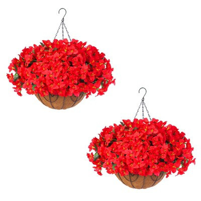 Set of 2 Artificial Outdoor Geranium Flowers with Brown Basket, 12 Geranium Flowers for Christmas, Front Porch, Garden, Patio, Home Decoration, Red | Target