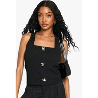 boohoo Women's Textured Square Neck Button Detail Top in Black | Size: 2 | Denim/Polyurethane | boohoo (US & Canada)