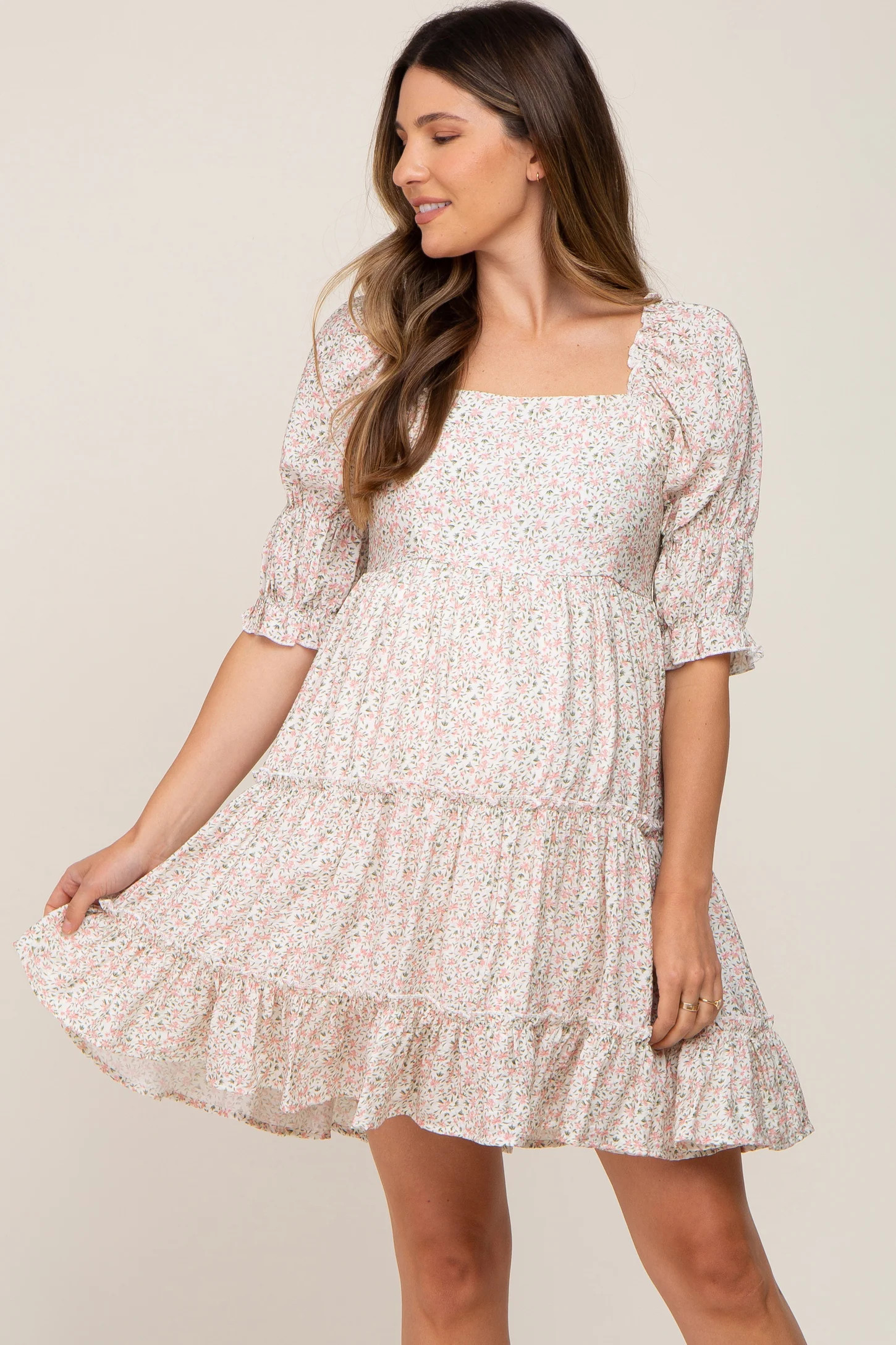 Ivory Floral Square Neck Ruffle Tiered Maternity Dress | PinkBlush Maternity