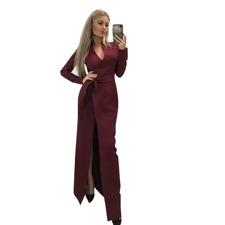 Winnereco Pure V-neck Slim Party Women Long Sleeve Slit Maxi Dress (Wine Red XL) | Walmart (US)