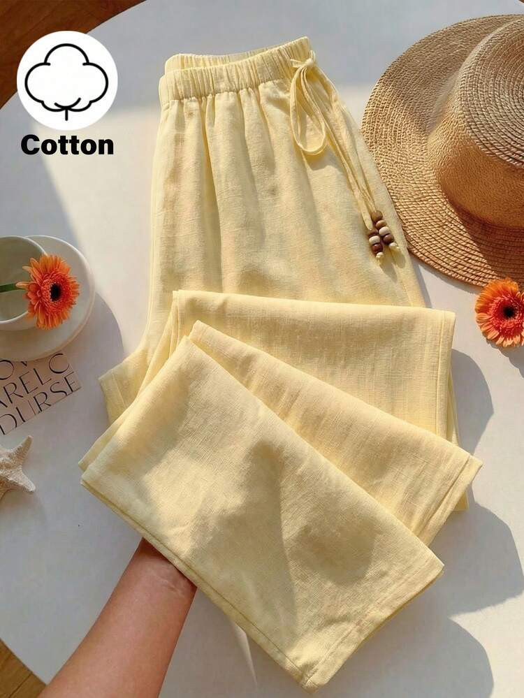 SHEIN Glamour Women's Pale Yellow Linen-Textured Wide Leg Pants,Elastic Drawstring Waist,Side Tie... | SHEIN
