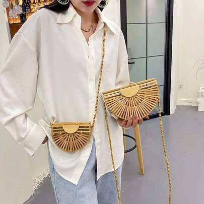 Fashion Half Moon Wooden Shoulder Crossbody Bags For Women Bamboo Woven Summer Beach Straw Bag Rattan Small Phone Purse Mini | SHEIN