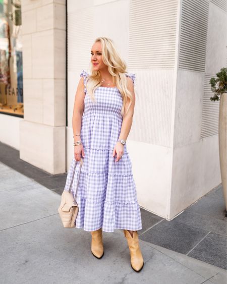 Hill house purple and white gingham nap dress size XXS. Nap dress nation. Spring dresses. Spring style. Spring translational style. Spring outfit. Hill house home. Tan western boots, leather boots 

#LTKstyletip #LTKSeasonal #LTKshoecrush