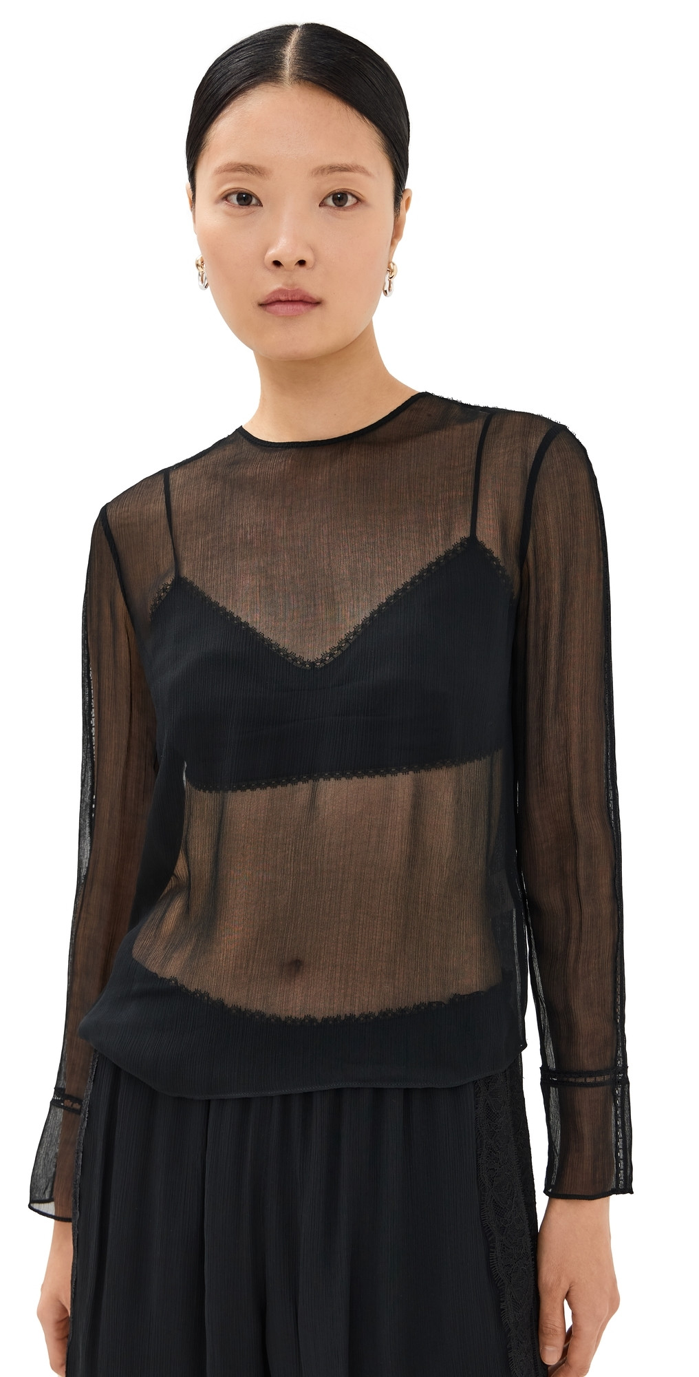 Vince Sheer Lace Trim Top Black M | Shopbop