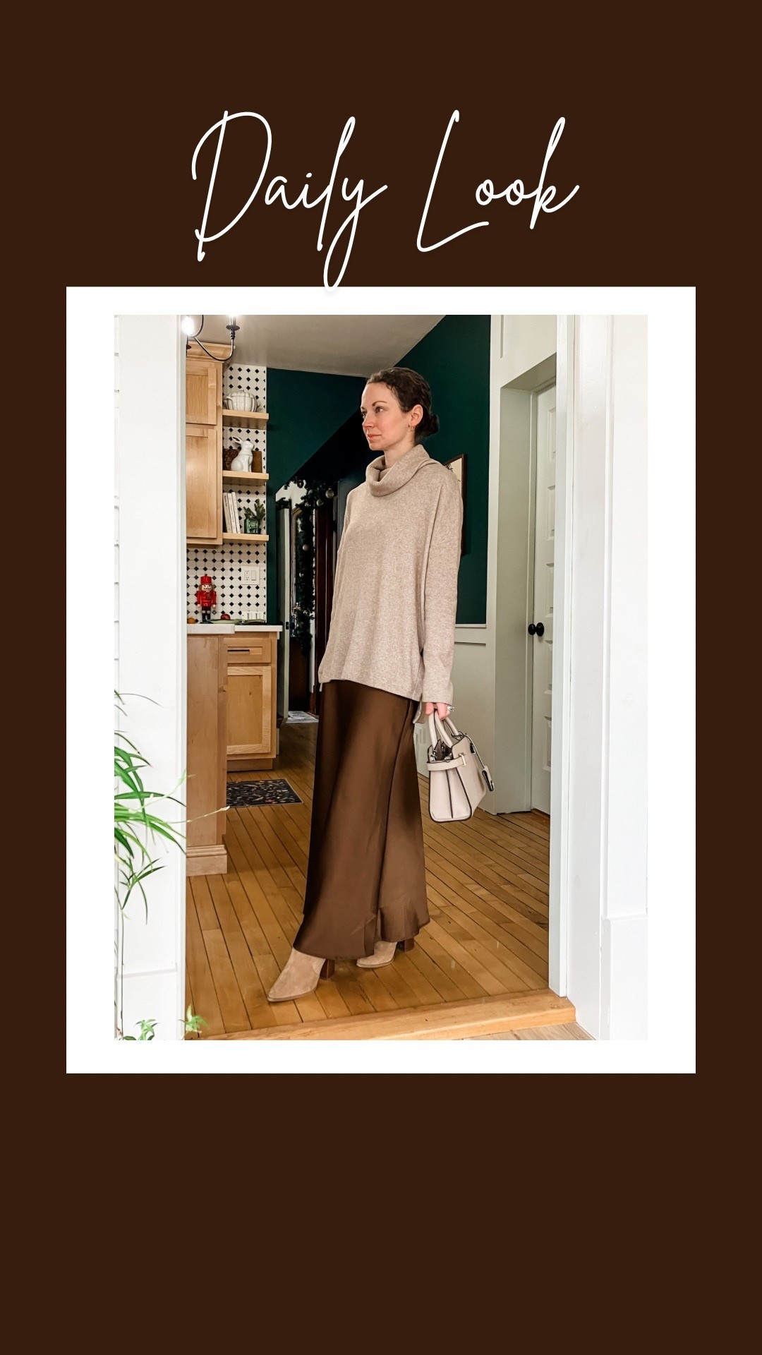 A cozy sweater and brown satin skirt for Christmas!
Sweater is Clara Sunwoo. 
Petite outfit. Classic outfit. Neutral outfit. Modest outfit  

#LTKootd #LTKHoliday #LTKOver40