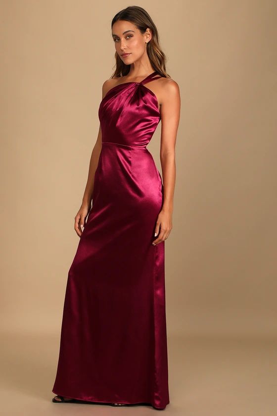 Devotion to Love Wine Satin One-Shoulder Maxi Dress | Lulus (US)