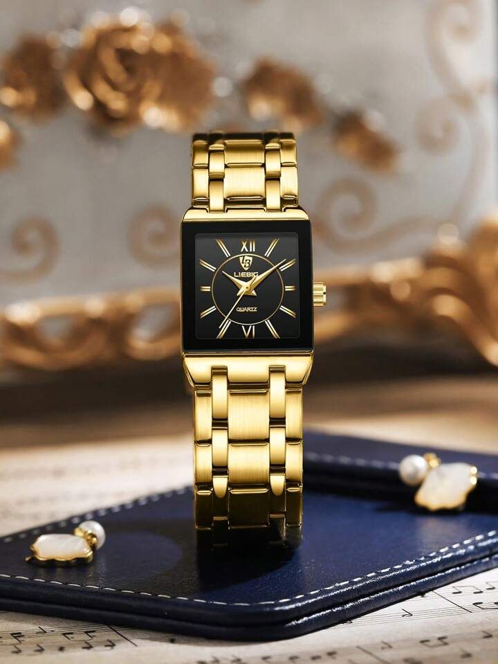 1pc Men Women Gold Stainless Steel Strap Fashionable Square Dial Quartz Watch, For Daily Life | SHEIN