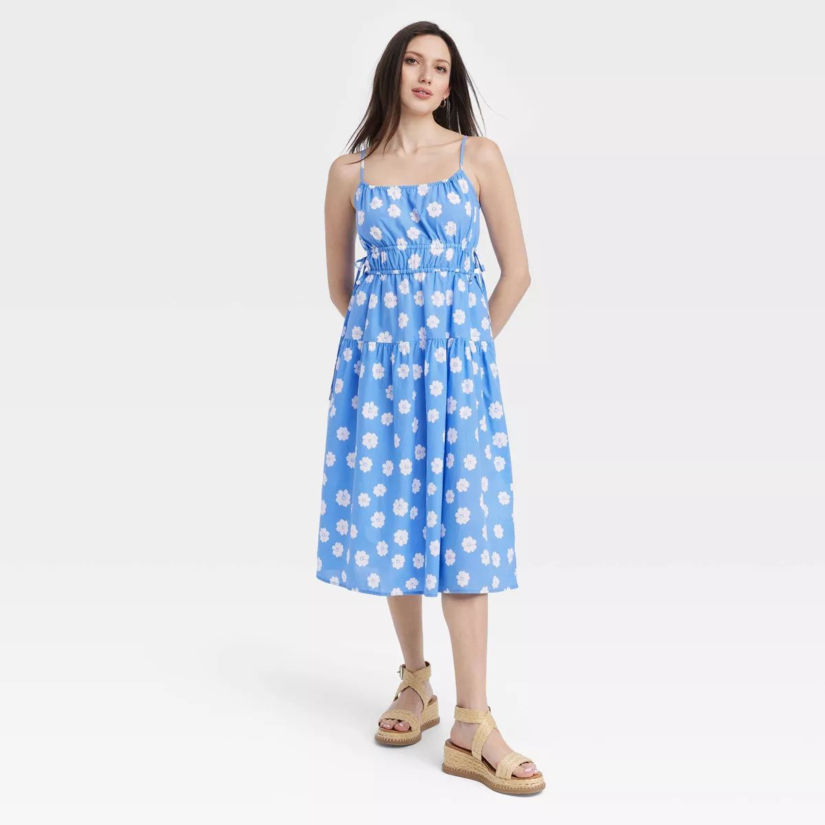 Women's Cinched Waist Midi Sundress - Universal Thread™ Blue Floral XL | Target