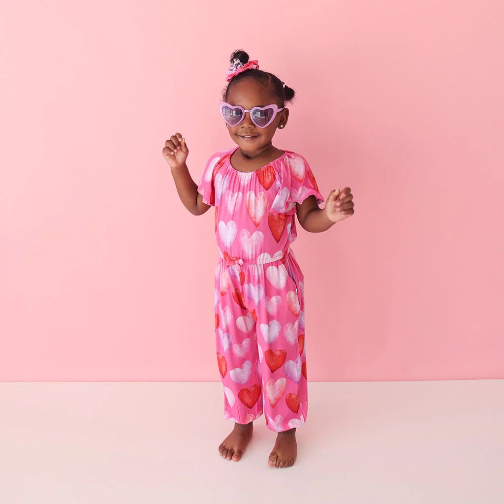 Hearts Pink Flutter Sleeve Toddler Jumpsuit | Posh Valentine | Posh Peanut