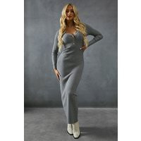 Womens Knitted Gold Trim Detail Plunge Bodycon Midaxi Dress - slate grey - M/L, Slate Grey | Miss Pap UK