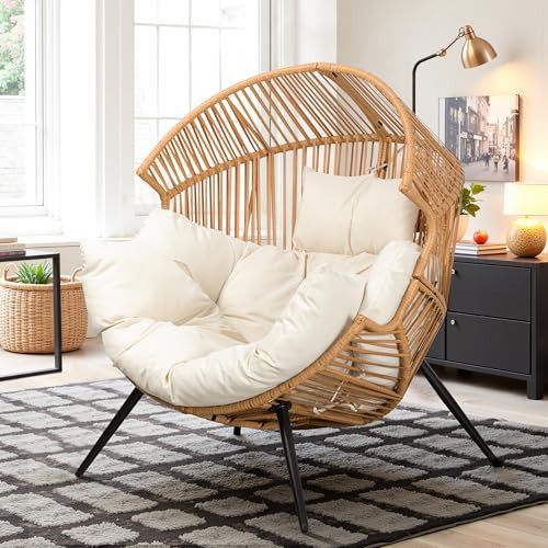 Vongrasig Wicker Egg Chair PE Rattan Chair with Cushion, Oversized Patio Lounge Chair for Outdoor, Indoor, Balcony, Backyard, Garden, Living Room, Beige | Amazon (US)