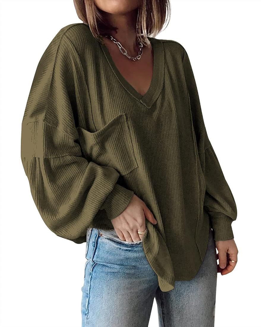 Naggoo Women's V Neck Long Ballon Sleeve Tops Casual Oversized Tunic Shirts Ribbed Knit Pullover Swe | Amazon (US)