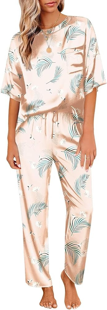 Ekouaer Womens Satin Silky Pajama Set Short Sleeve Shirt with Long Pajama Pant Set Soft PJ Lounge... | Amazon (US)