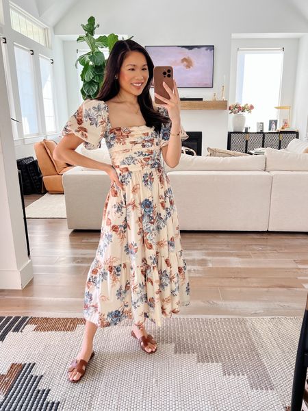 Floral midi dress that is perfect for summer and early fall! Fits TTS and is both pumping and bump-friendly. On sale for 20% off and comes in a variety of color ways! 

#LTKstyletip #LTKSeasonal #LTKsalealert