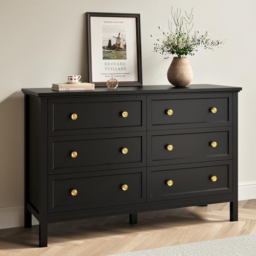 LYNSOM Black Dresser for Bedroom, Modern 6 Drawer Double Dresser with Deep Drawer and Metal Handle, Wood Dressers & Chests of Drawers for Hallway, Entryway | Amazon (US)