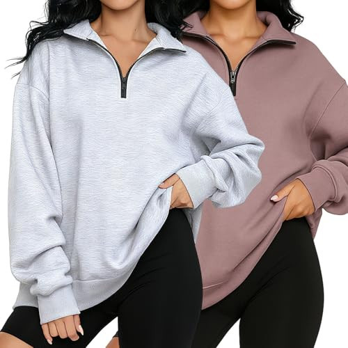 Chicingyou 2 Pack Quarter Zip Pullover Women Fleece Half Zip Oversized Sweatshirts Long Sleeve Shirts Fall Clothes(Taupe,Gray,S) | Amazon (US)