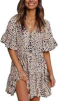 Amazon.com: KIRUNDO 2021 Summer Women’s Ruffle Sleeves Mini Dress Half Sleeves V Neck Leopard P... | Amazon (US)