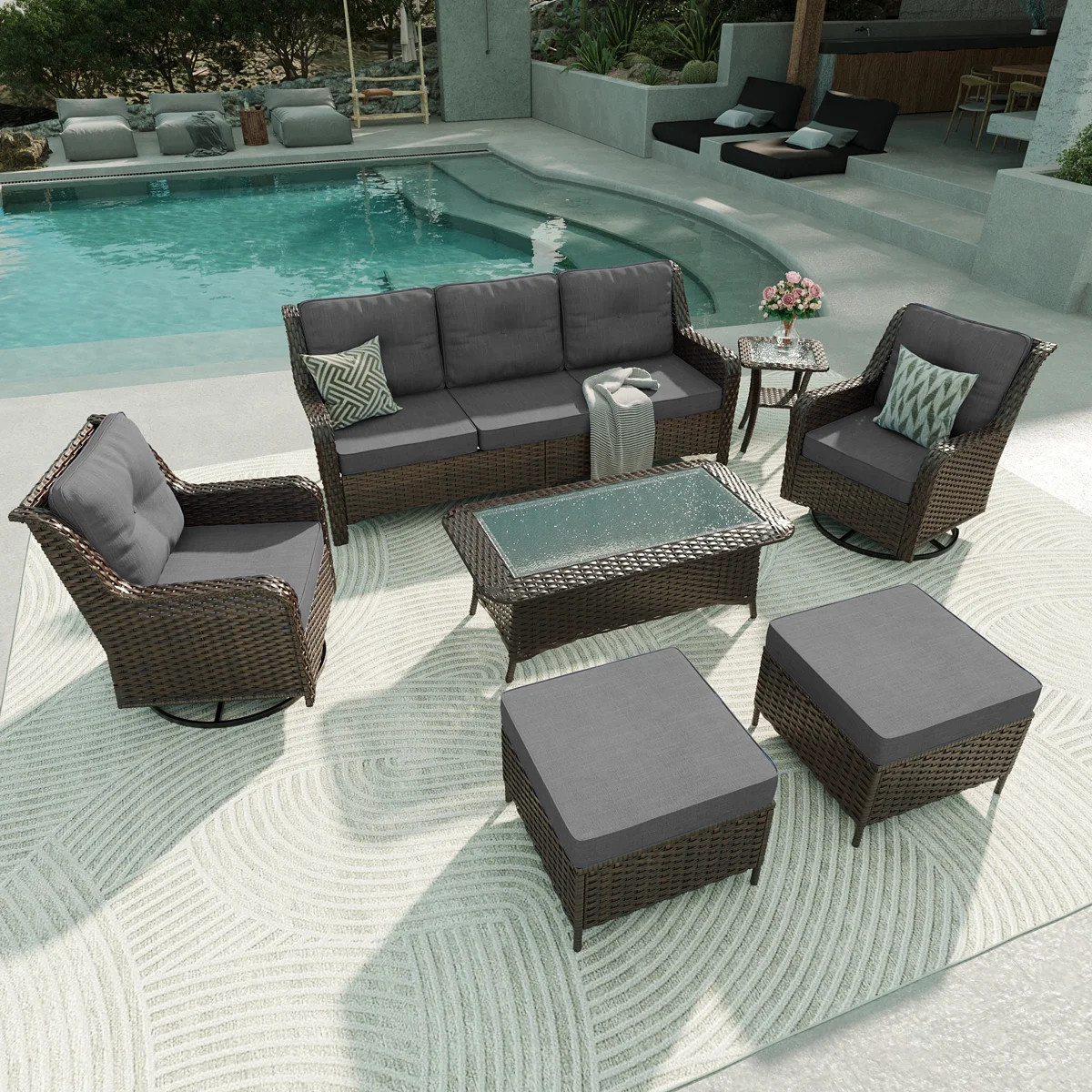 7-Piece All-Weather Wicker Patio Conversation Set With Swivel Chairs & Glass Coffee Table | Wayfair North America