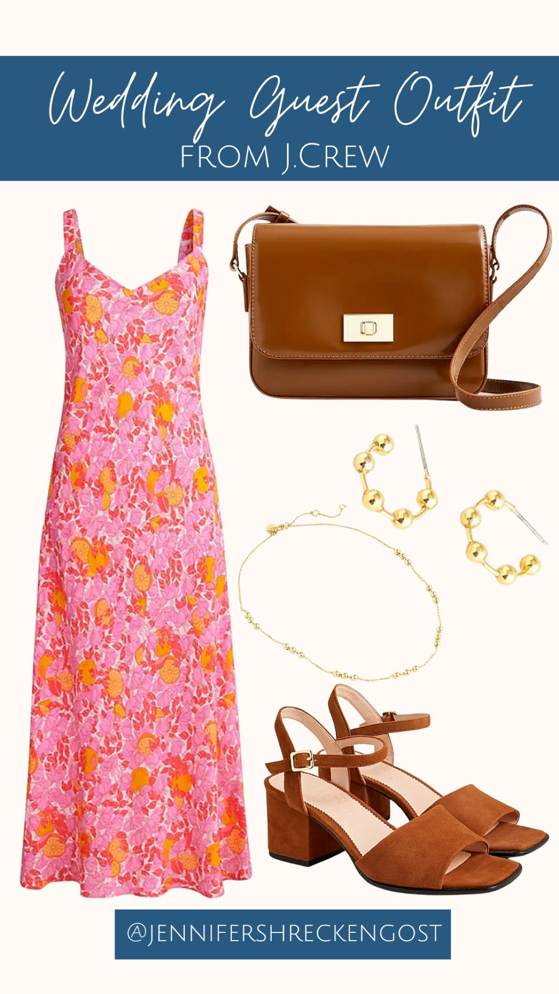 J.Crew wedding guest dress + full outfit! Items include a floral dress, brown accessories, and gold accessories!

#LTKwedding #LTKstyletip #LTKSeasonal