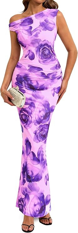 PRETTYGARDEN Women Summer Floral One Shoulder Bodycon Maxi Dresses Ruched Mesh Beach Wedding Gues... | Amazon (US)