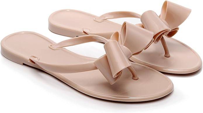 Womens Flip Flops Bow Sandals Jelly Shoes Thong Flats Cute Ladies Beige Slides Waterproof Slip On... | Amazon (US)