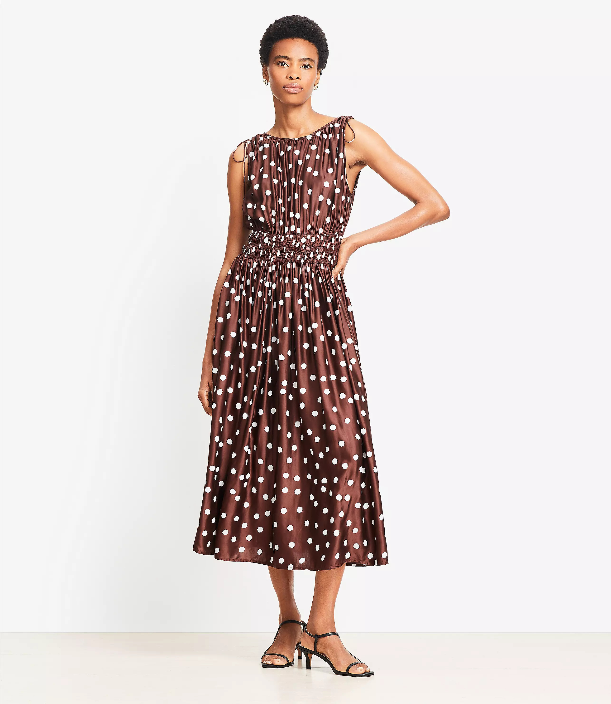 Dotted Satin Shoulder Tie Maxi Dress | LOFT