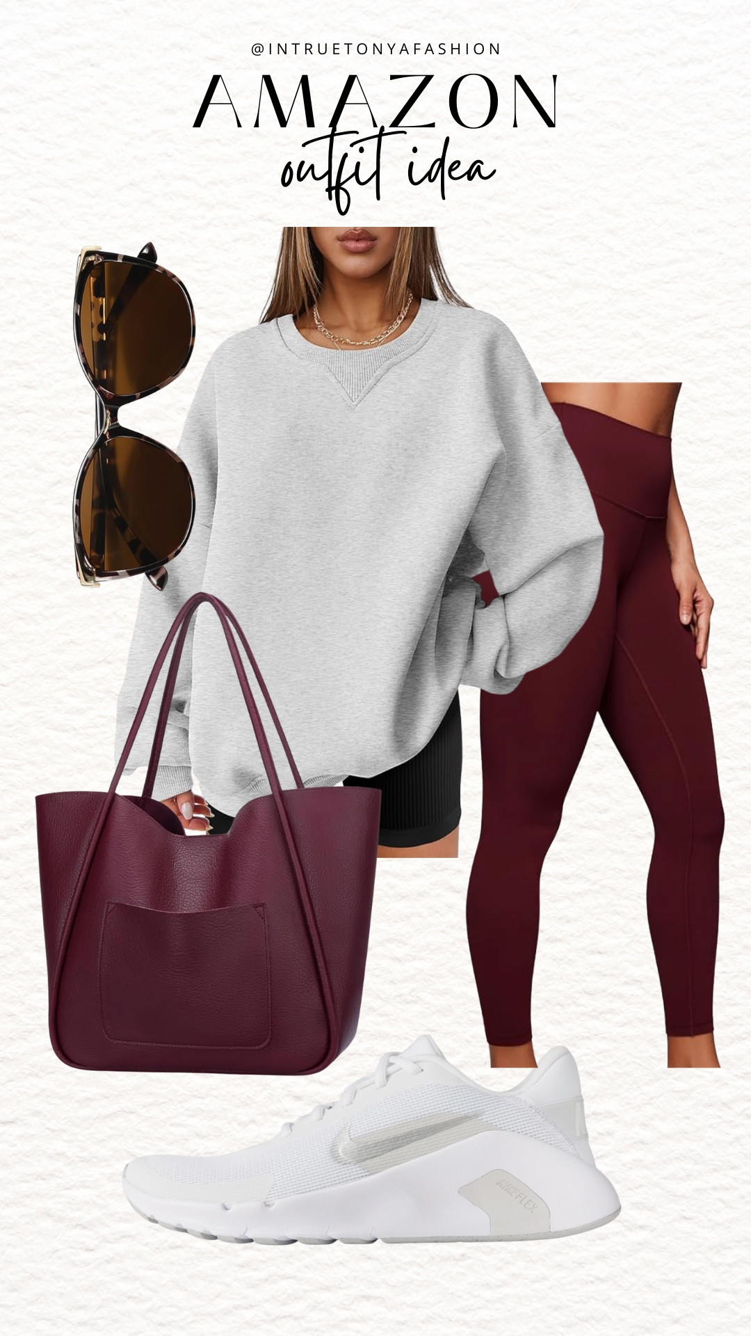 Casual outfit idea — grey sweatshirt, burgundy leggings, burgundy tote bag, and Nike sneakers 







Travel outfit

Winter outfit
Winter fashion
Amazon winter outfits
Trending winter fashion 
 casual winter outfits | winter fashion | size 4-6 | cold weather outfits | winter outfit ideas | layering outfit for the cold| winter fashion 2026 | outfit inspo | outfit ideas | winter outfits amazon  | casual outfit Ideas  | Outfits | Amazon Casual Outfit | Cute casual outfits | Preppy Outfit 

#LTKootd #LTKSaleAlert #LTKFindsUnder50