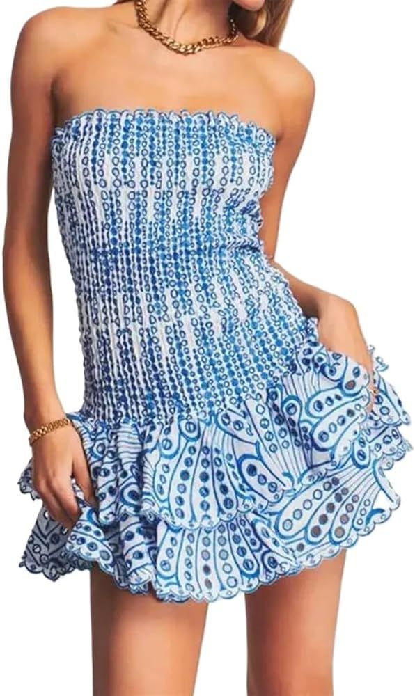 Women's Boho Dress Off Shoulder Strapless Smocked Bodice Embroidered Mini Summer Dress Party Sund... | Amazon (US)
