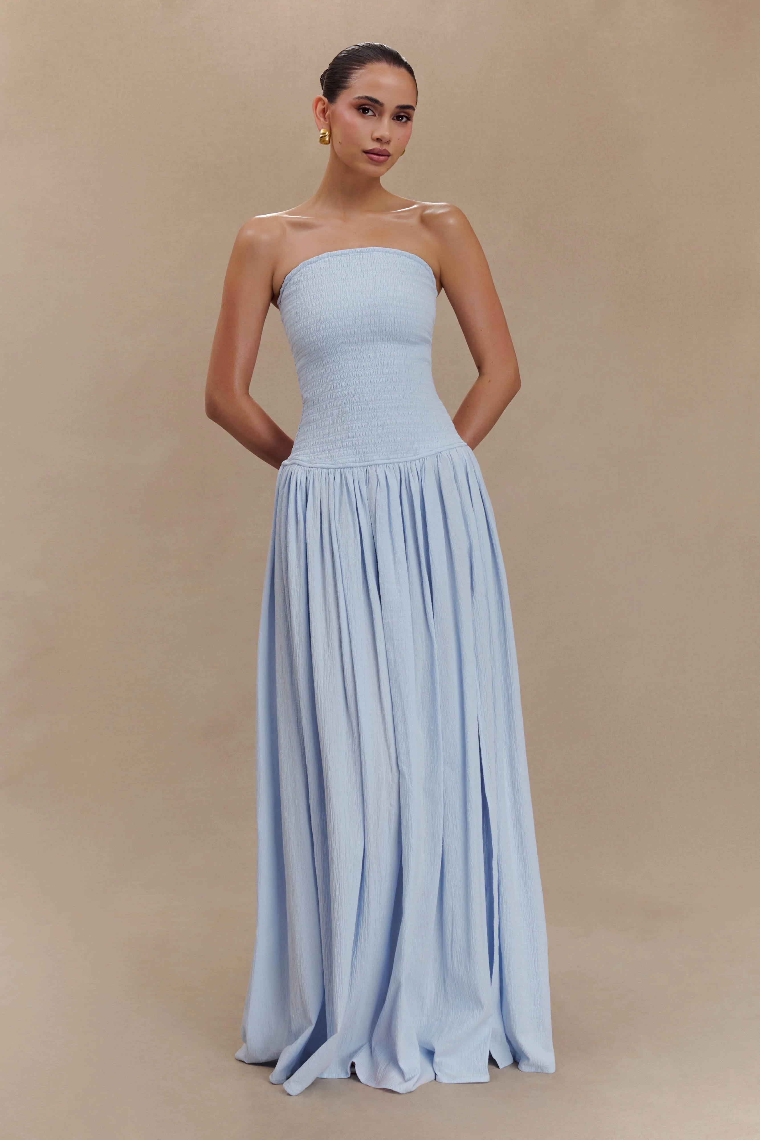 Maureen Cotton Shirring Maxi Dress - Powder Blue | MESHKI US