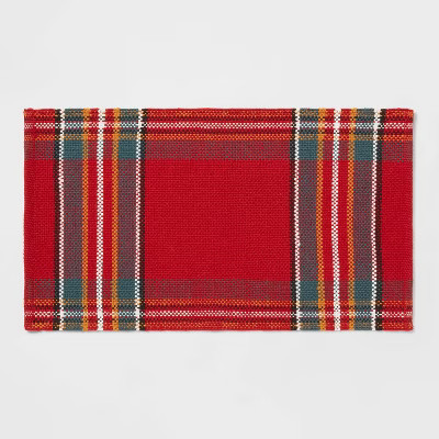 34" x 20" Cotton Plaid Kitchen Rug Red - Threshold™ | Target