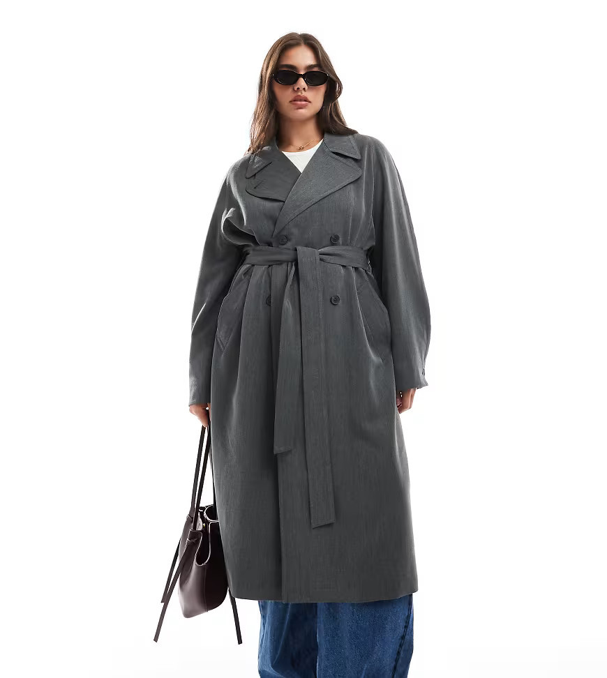 ASOS DESIGN Curve soft tailored trench in charcoal-Grey | ASOS (Global)
