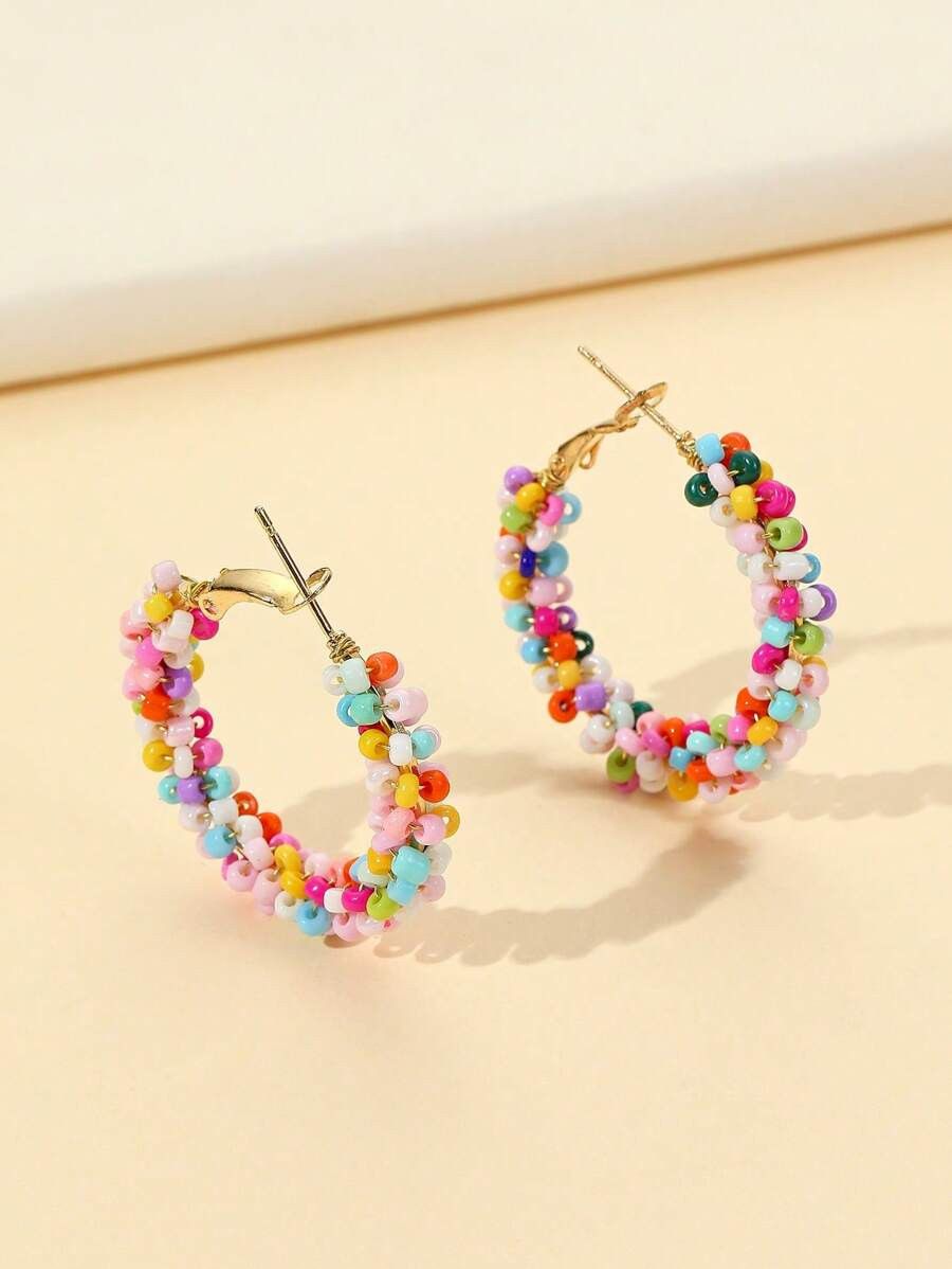 1pair Fashion Beaded Hoop Earrings For Women For Ear Decoration | SHEIN