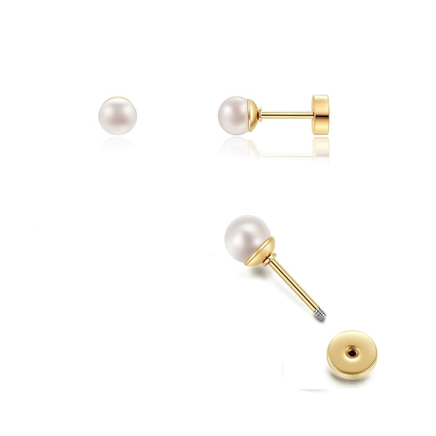 14K Gold Screw Back Pearl Stud Earrings for Women,Flat Back Pearl Cartilage Earrings Pearl Helix ... | Amazon (US)