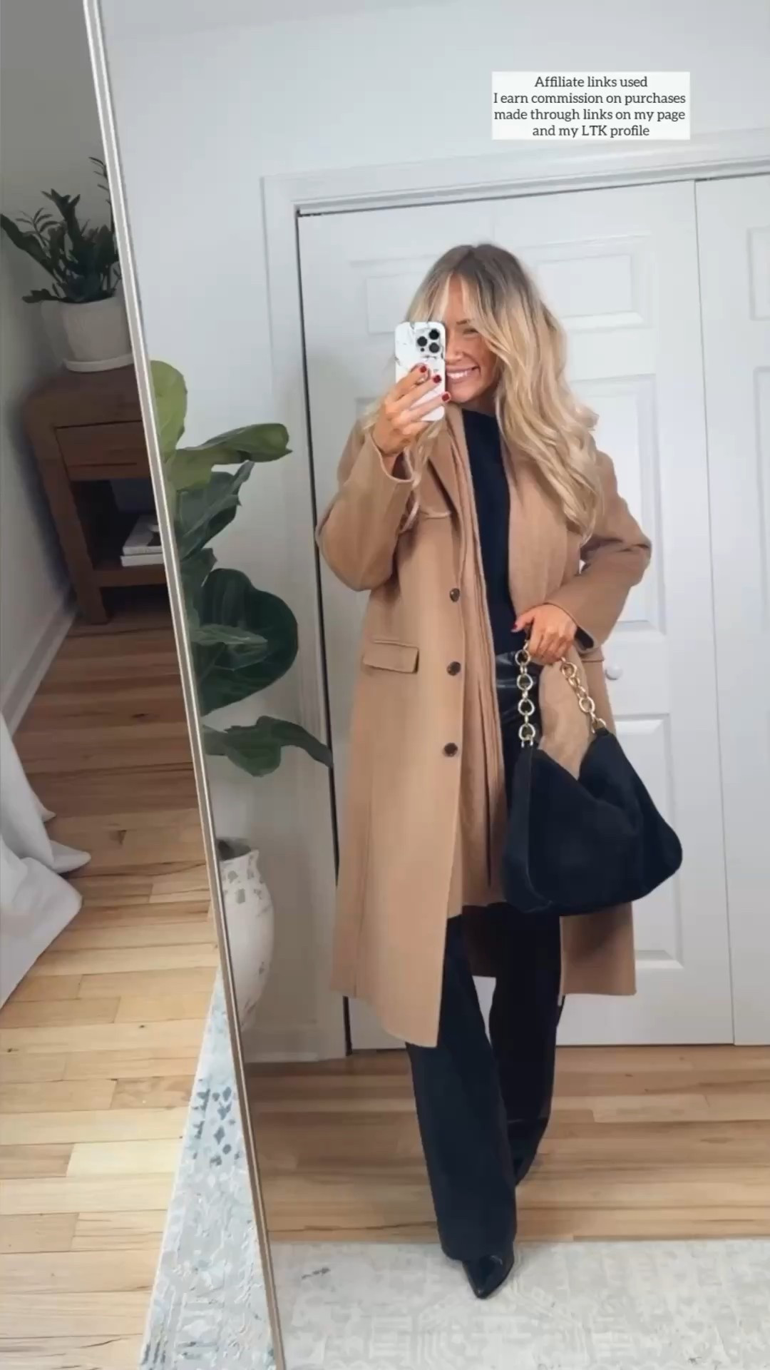 Camel fall coat

Neutral outfit
Faux leather pants
Neutral style 
Chic look