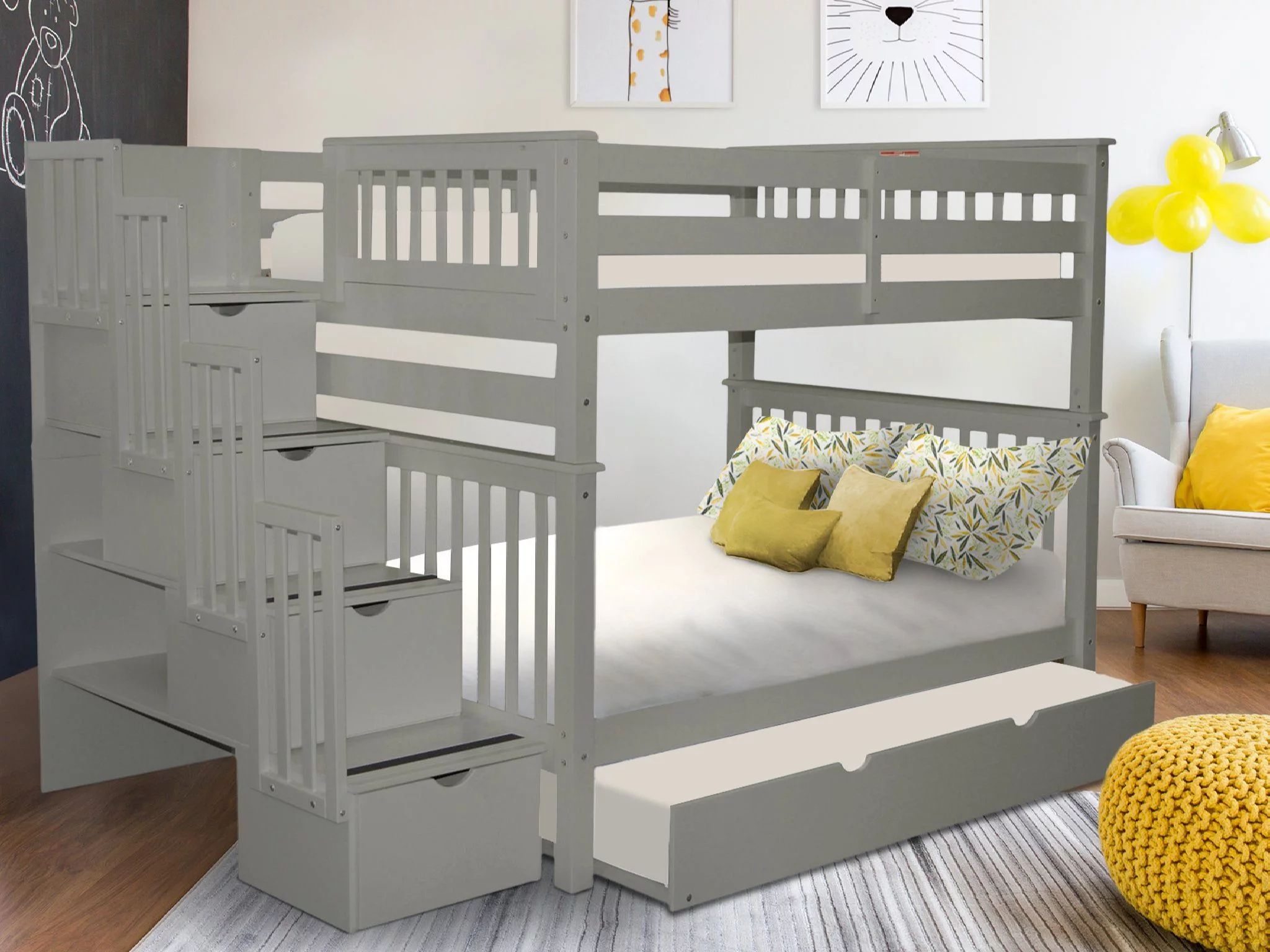Bedz King Stairway Bunk Beds Full over Full with 4 Drawers in the Steps and a Full Trundle, Gray ... | Walmart (US)