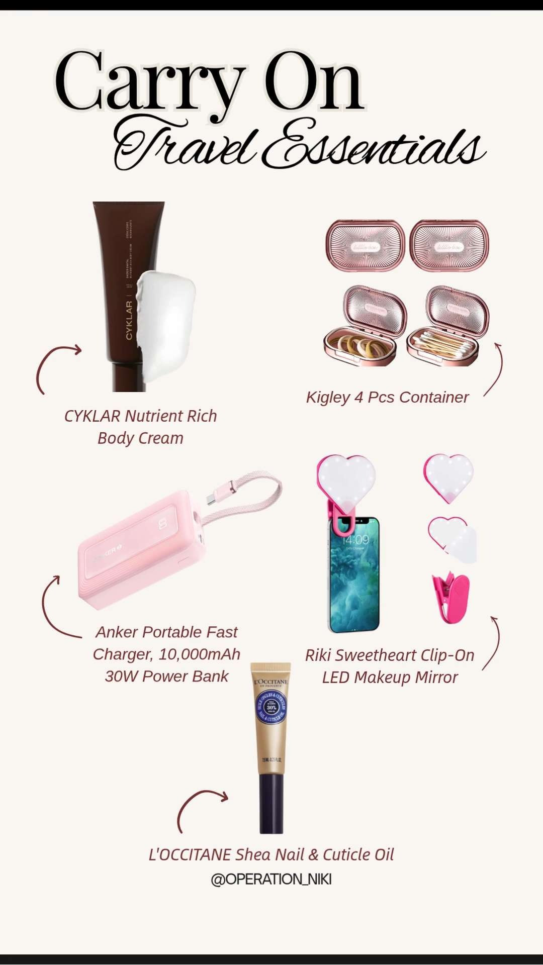 Travel essentials I always pack. A nutrient rich body cream for long days on the go, small containers to keep mints and beauty basics organized, a portable fast charger that saves my phone battery, a clip on LED makeup mirror for quick touch ups, and a shea nail cuticle oil to keep hands looking polished while traveling. Easy, practical finds that make trips smoother. Follow for more @OPERATION_NIKI on IG, TikTok, & Facebook #travelessentials #travelbeauty #ltkfinds #ltkit #amazonfinds #packingessentials #travelorganization #onthegobeauty #influencerfavorites #operationniki #LTKFindsUnder100

#LTKselfcare #LTKselfcare #LTKBeauty #LTKTravel